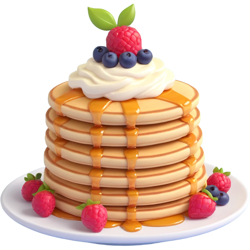 stack of pastel pink pancakes with fruit and cream, high gloss, soft shadows, realistic and delicious emoji