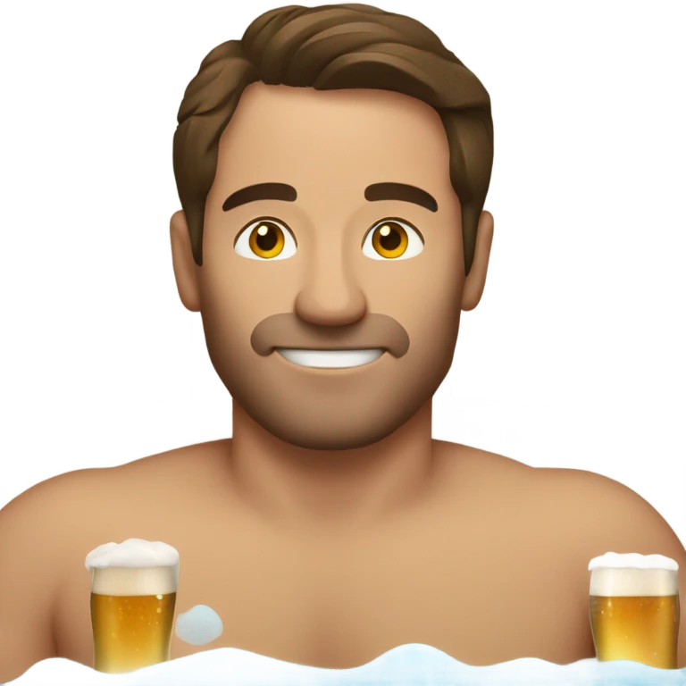 Man with brown hair in hot tub with beer emoji