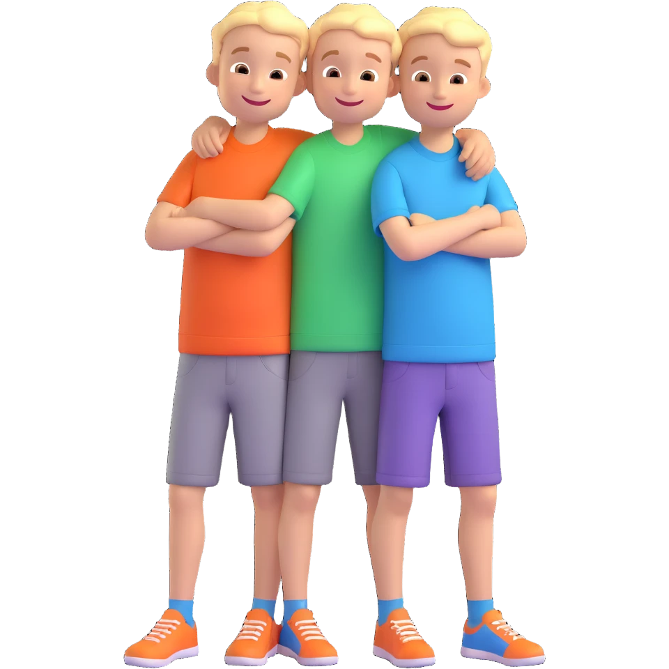 Two cartoon-style 2 boys with similar features, arms around each other's shoulders, smiling, matching outfits, standing close, white background, emoji style emoji