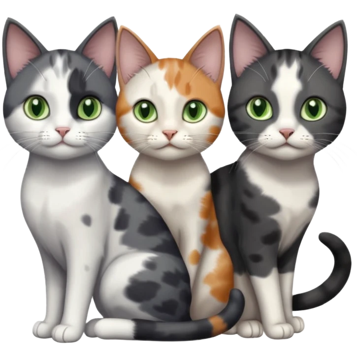 3 different coloured small cats including a dark grey and white, and a patchy calico and a completely solid dark grey with green eyes and only white paws emoji