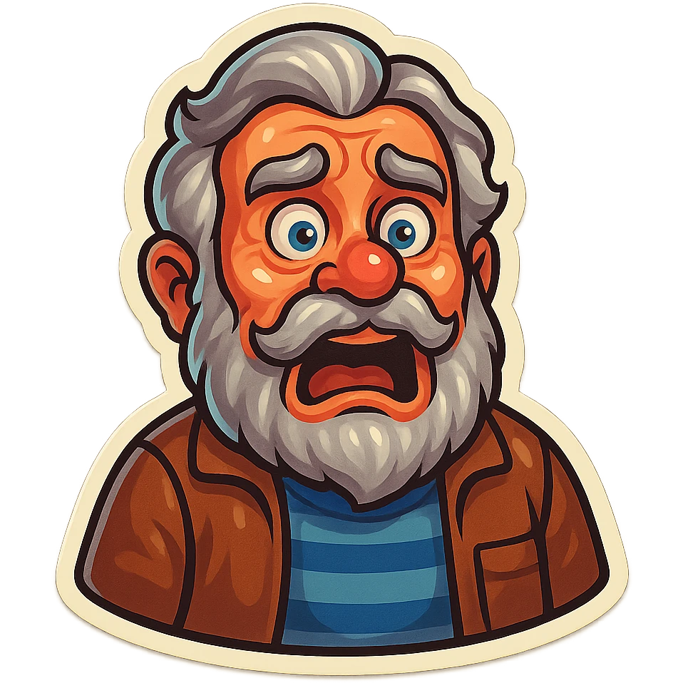 A dwarf with gray hair, a gray mustache, a gray beard, and gray eyebrows. He has blue eyes and wrinkles on his forehead. He is wearing a striped t-shirt and a brown jacket. The dwarf is displaying a horror emotion. emoji