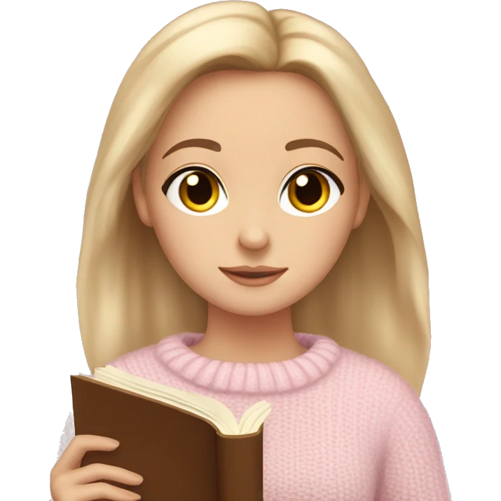 Pretty brown eyed white girl with light pink sweater reading cozy emoji