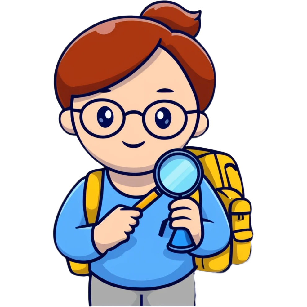 Cheerful woman hiker in her late 30s with glasses, backpack, and one magnifying glass in her right hand emoji