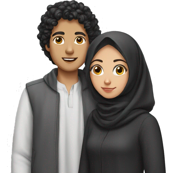 European Young boy with curly black hairs with her wife wear a hijab  emoji