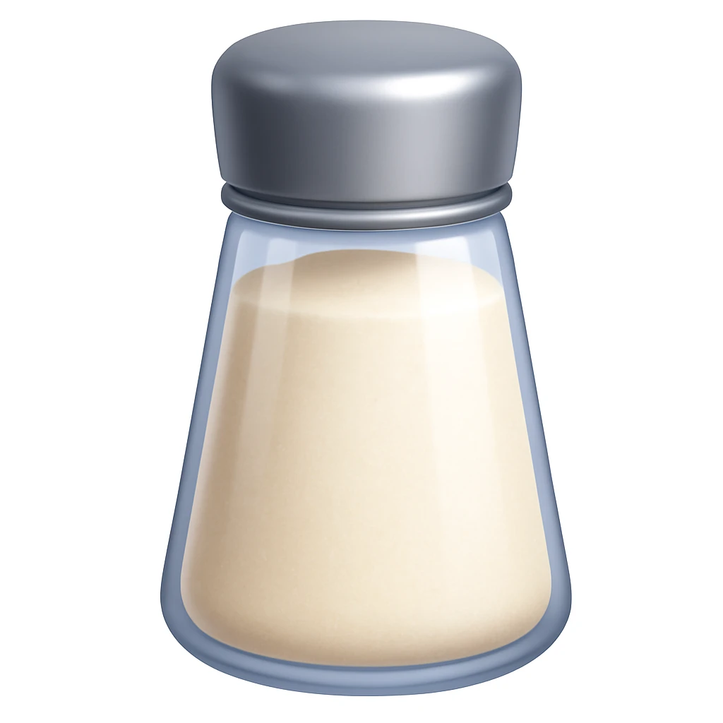 Create a salt emoji that looks exactly like the reference image in iOS emoji style. The emoji should be 3D with shiny, smooth gradients, soft shadows, and a realistic salt shaker shape with a metallic lid. No face on the shaker. emoji