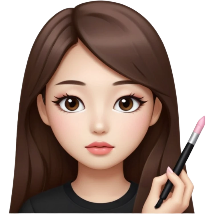 “korean straight long brown hair Emoji girl, soft eyeliner and blush, gradient lips, light brown shimmer eyeshadow emoji
