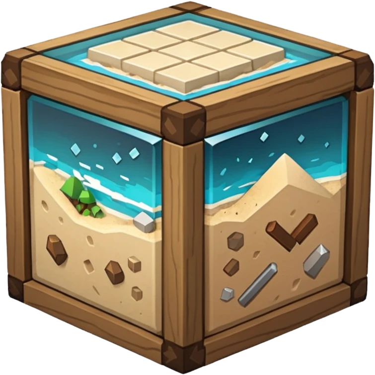crafting table with tools, stone, wood, glass, sand, ... like a minecraft style cube crafting table emoji