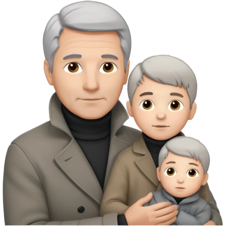 A father with silver-grey hair styled neatly and a clean-shaven face, wearing a dark turtleneck and wool coat, holding his child gently. The child has light brown hair and a soft white jacket. Warm cinematic lighting, emotional close-up. emoji