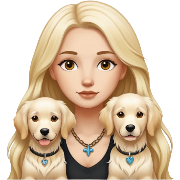 a  white girl with long hair with tattoo with 2 white golden retriever  emoji