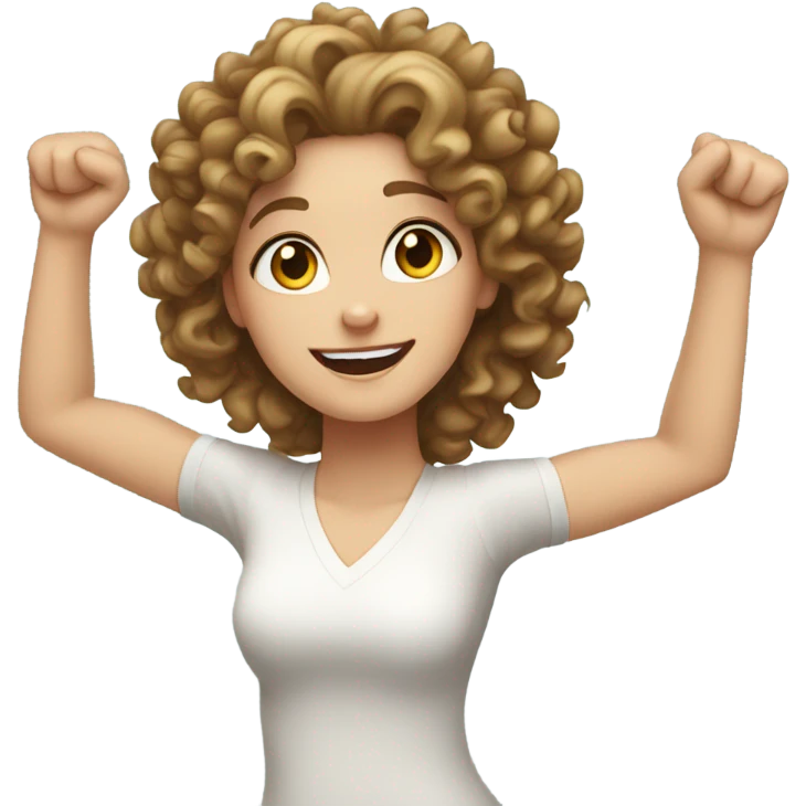 White Girl with curly hair with her arms up in triumph emoji