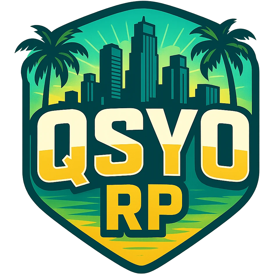 badge-style icon for GTA V roleplay with 'QSYO RP' text, using GTA V color palette, includes city skyline and palm trees, energetic and fun emoji