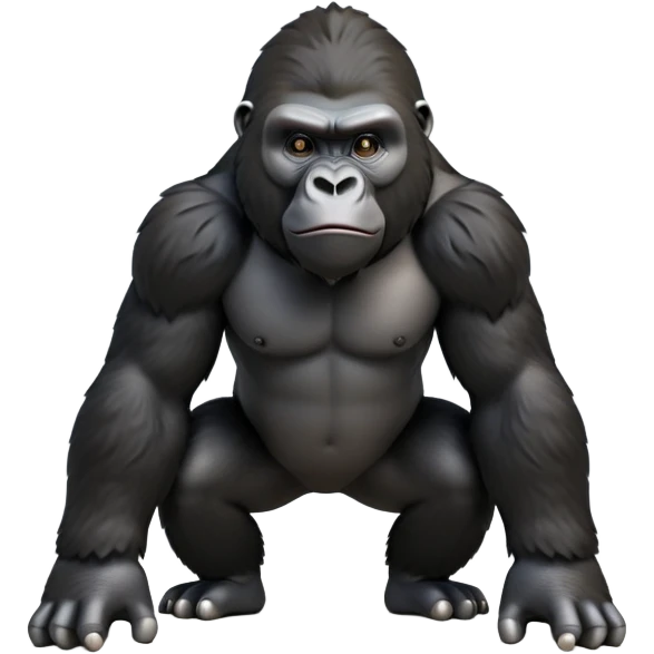 cinematic-friendly gorilla-realistic-full-body-crouched on all fours-emoji,-broad-and-powerful-frame-poised-with-confidence,-massive-arms-hanging-slightly-forward,-head-tilted-thoughtfully,-thick-black-fur,-deep-dark-eyes-full-of-intelligence,-simplified-yet-realistic emoji