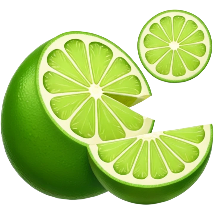 whole lime glossy green skin oval dimpled wedge cross-section beside showing pale green juicy interior radial segments no extras soft lighting emoji scale emoji