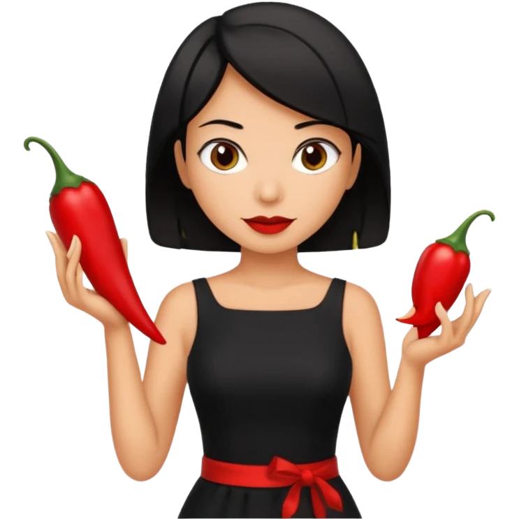 black short shoulder length hair tanned woman, black dress cooking, holding chili pepper emoji
