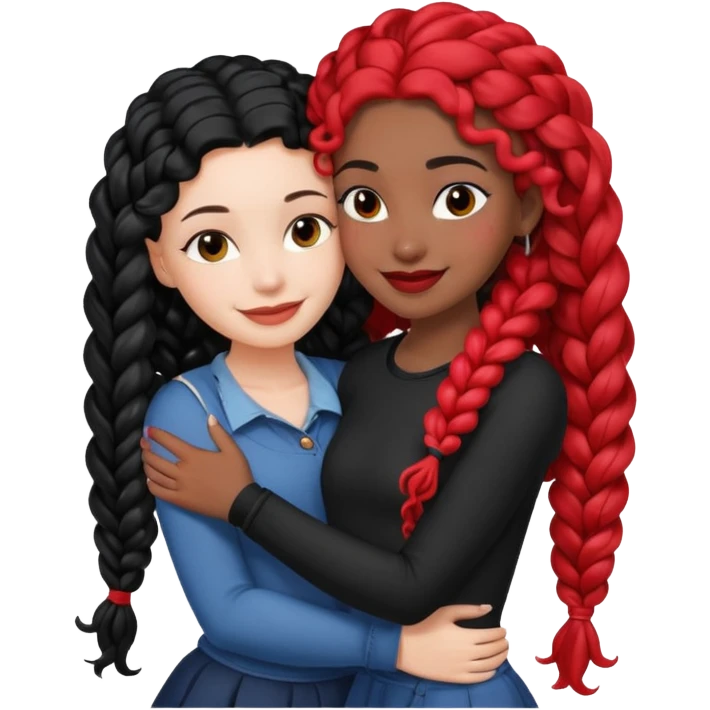 White girl long black hair hugs black girl with red French curl braids  emoji