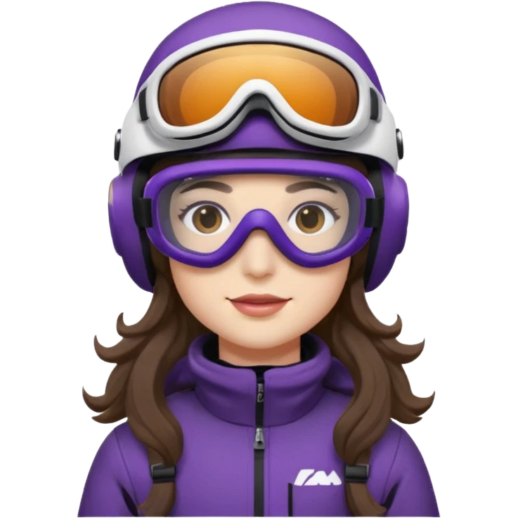 I’m sitting on snowmobile goggles and helmet not covering my face brown eyes long wavy hair white skin dark purple change snowmobile color to dark purple and white not yellow Snowmobile helmet and goggles, not on my face pants black no glasses on my face emoji