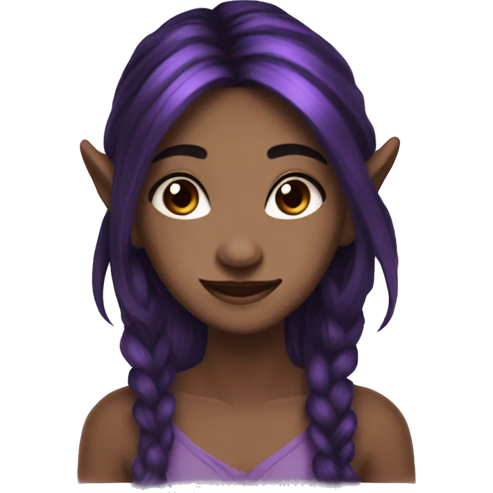 Fae with dark black hair and purple streaks, pointy ears, brown eyes, beautiful, smiling emoji