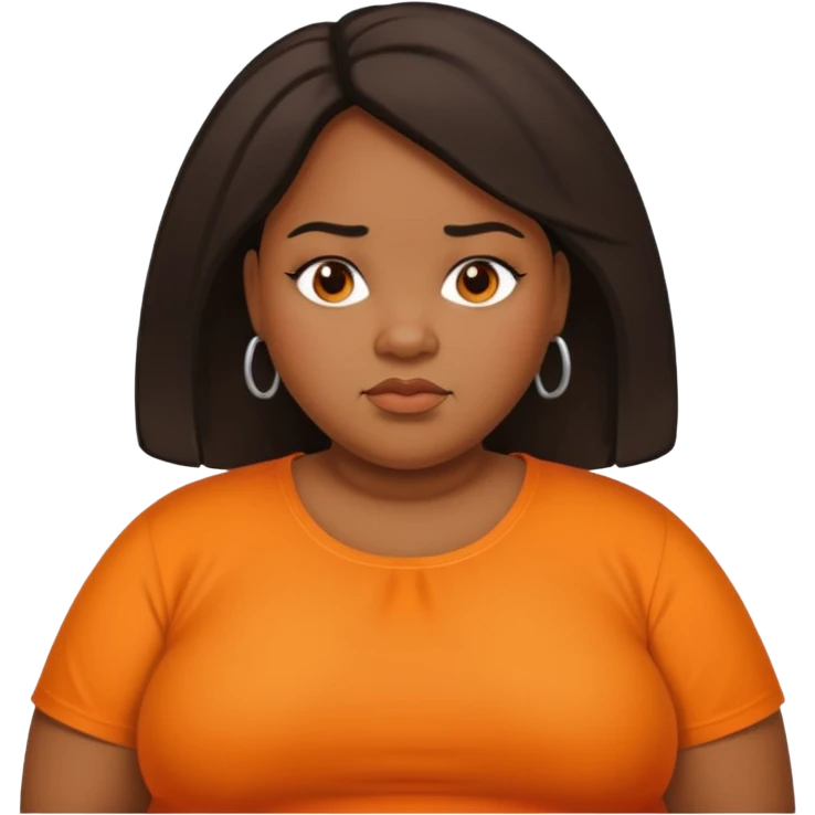 overweight black woman with organge blouse not smiling emoji