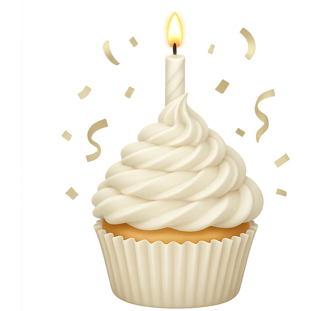 Make this a birthday cupcake with a candle and confetti, keeping the white color and apple emoji style. Remove the background. emoji