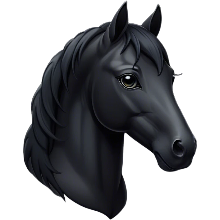 Cinematic Noble Black Horse Portrait Emoji, Poised and regal, with a strong, athletic build and a sleek, well-groomed jet-black fur, deep-set soulful dark eyes, Simplified yet sharp and sophisticated features, highly detailed, glowing with a soft, dignified glow, high shine, intelligent and commanding, stylized with an air of mysterious grace, focused and attentive, soft glowing outline, capturing the essence of a watchful and confident steed, so majestic it feels as though it could gallop out of the screen with effortless authority! emoji