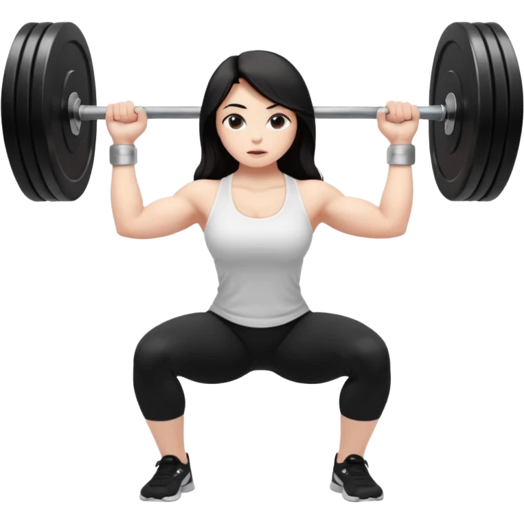 Девушка белокожая, с длинными темными волосами, в одежде для йоги - черные лосины, белый топ, делает присед со штангой 100 килограмм на плечах, вид в профиль , правильные пропорции тела, только человек emoji