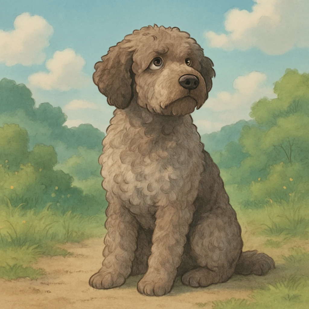 illustration of a roan Lagotto Romagnolo dog, sitting, soft background, ghibli style emoji