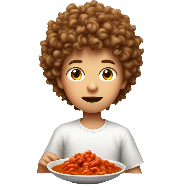 Boy with perm, eating a red curry emoji