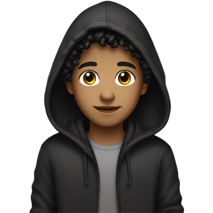 a young male with medium skin and curly black hair, wearing a black hoodie emoji