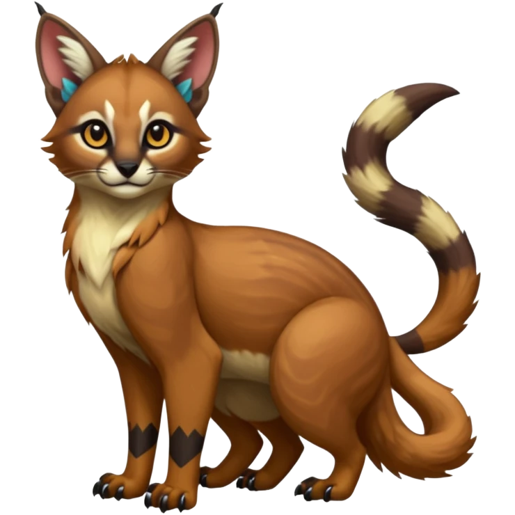 Colorful dark tropical tribal glorious divine exotic cute cool beautiful beautiful fantasy-caracal-civet-genet-sergal-vernid-Gryphon-Cacomistle-Trico-oncilla-animal-Fakémon-hybrid-fursona (full body) emoji