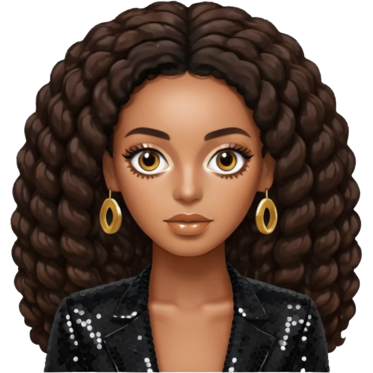 Solange with long dark brown hair, black sequin outfit emoji