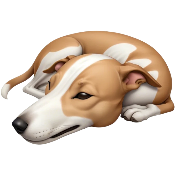 Meme-Worthy Cute Sleeping White and Brown Greyhound Portrait Emoji, Head resting peacefully with a contented smile, showcasing a lean, graceful build and a luxuriously smooth Fur of white with brown accents, eyes shut in a serene nap, Simplified yet hilariously adorable features, highly detailed, glowing with a soft, drowsy light, high shine, relaxed and utterly lovable, stylized with an air of playful laziness, bright and heartwarming, soft glowing outline, capturing the essence of a comically sleepy racer, so meme-worthy it feels like it could instantly become the next viral sensation of adorable slumber! emoji