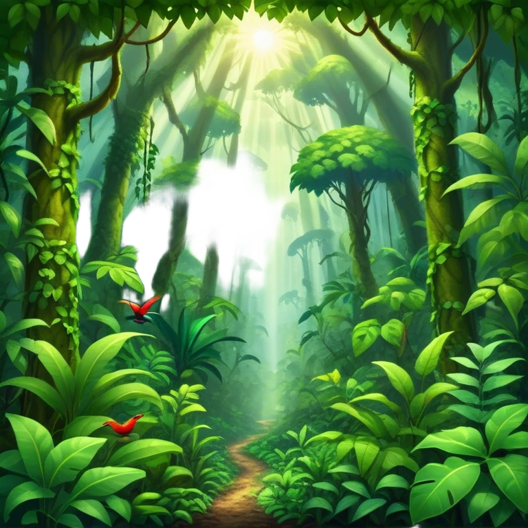 Cinematic Realistic Rainforest Emoji in a wooden frame, Lush and vibrant, filled with towering trees, thick vines, and dense green foliage, sunlight filtering through the canopy above, creating dappled patches of light on the rich, diverse undergrowth. The air is heavy with moisture, with mist rising from the forest floor and distant calls of exotic birds and animals echoing through the trees. Soft glowing outline, capturing the essence of a thriving, untamed tropical paradise filled with life! emoji