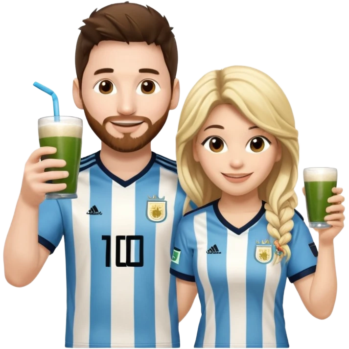 Messi in Argentina jersey and Shakira in a stage outfit, toasting with yerba mate, both smiling, cute and fun emoji style emoji
