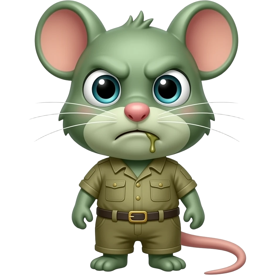 A little green mouse shaped like a little human dressed in khaki green, staring at us with a look of disgust, he has vomit on his mouth. emoji
