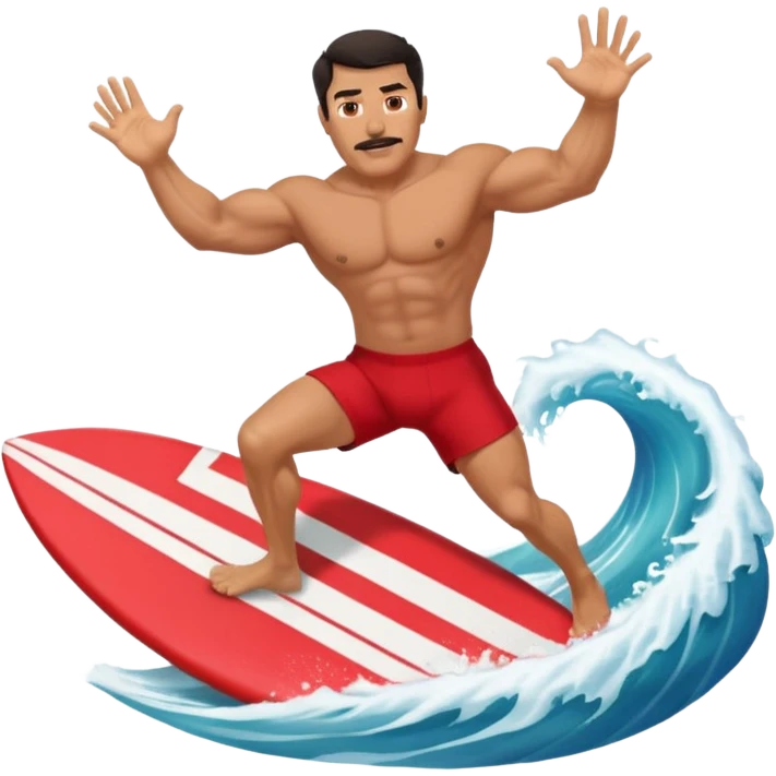 50 year old, muscular, dark haired, tan, red shorts man riding a big wave emoji