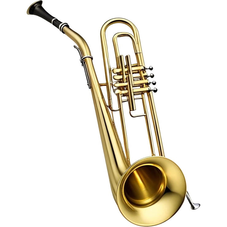 Create a sleek and professional emoji representing the Brahner TB-420 Bb/F tenor trombone. The design should feature the smooth, shiny brass body of the trombone with its distinct curved tubing and large bell. Highlight the tuning slide and the mouthpiece at the top of the instrument. The brass finish should be polished and reflective, with silver accents on the mouthpiece and tuning slide. Add subtle musical notes or soundwaves floating around the trombone to evoke its bold, brassy sound. Use golden and brass tones for the trombone with light reflections to emphasize its high-quality craftsmanship. The background should be transparent. emoji