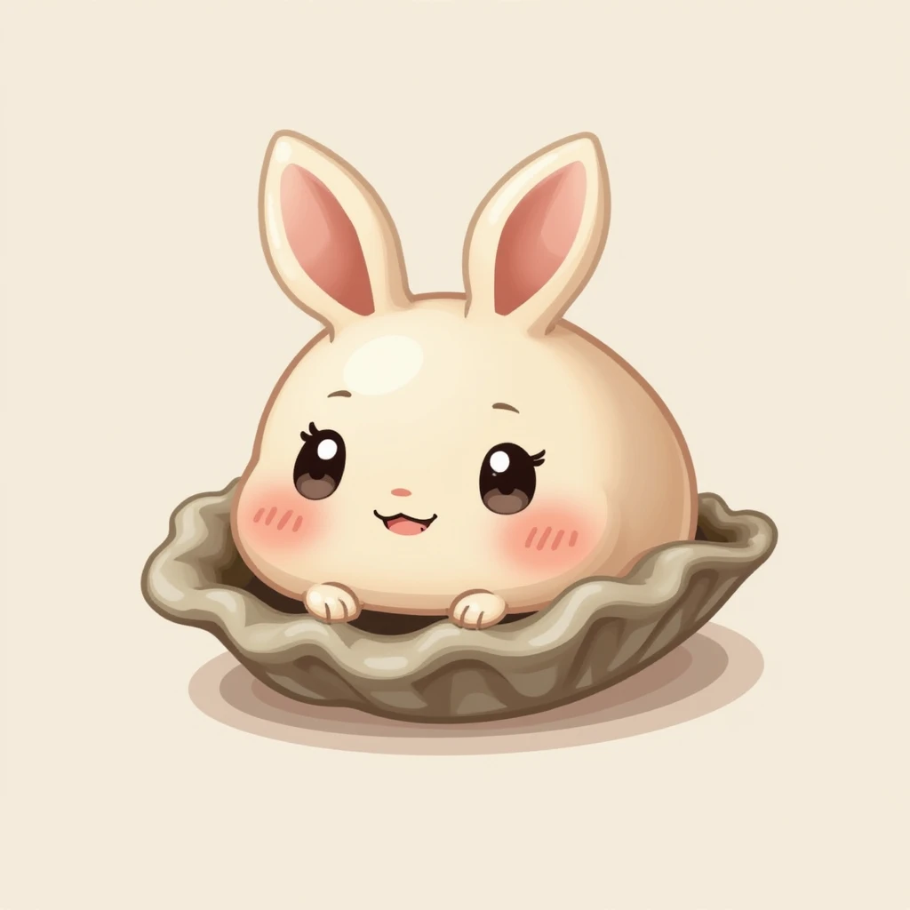 cute oyster with smiling expression, cream color, pink cheeks, doe eyes, greige shell, photorealistic style emoji