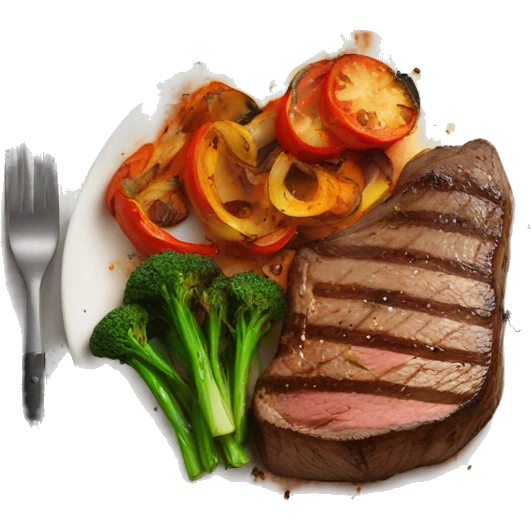 cooked steak and burnt veggies on a plate emoji
