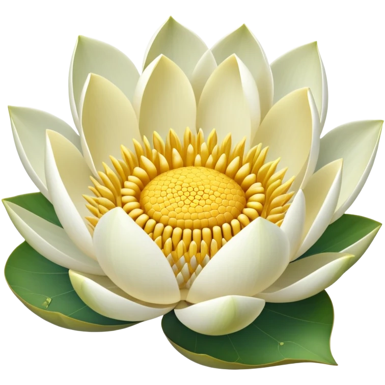 White lotus flower with botanically accurate yellow seedpod center showing honeycomb-like pattern of seed chambers, surrounded by white petals and accurate notched lotus leaf emoji