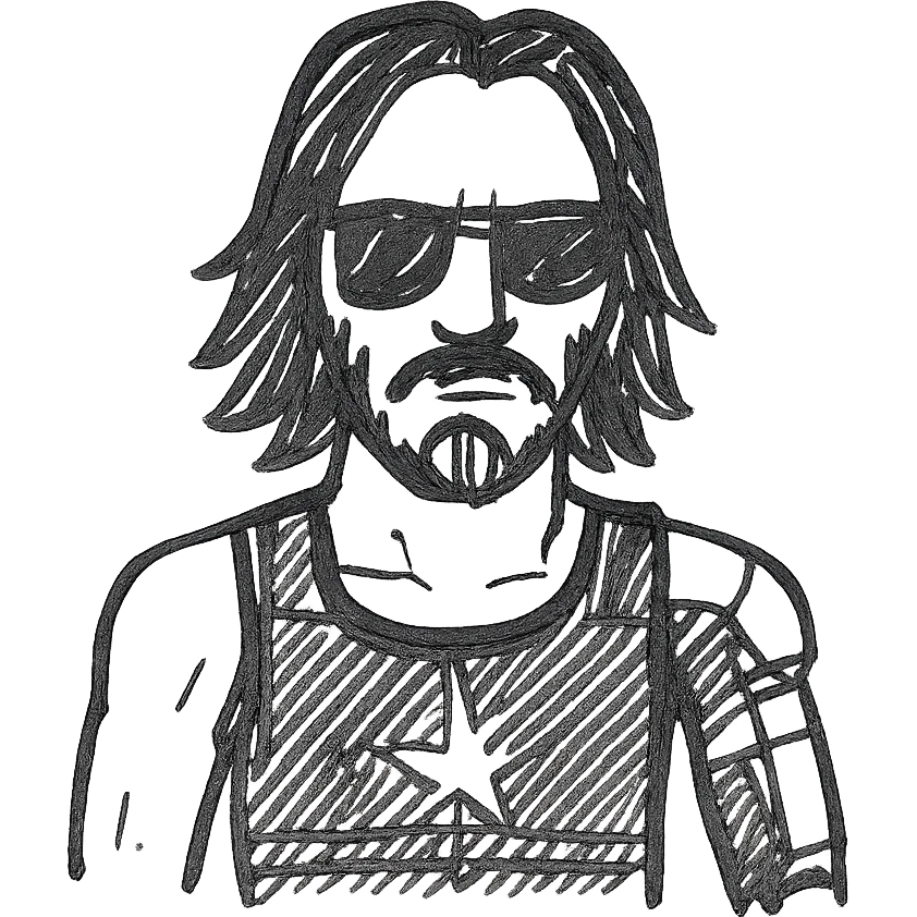 Johnny Silverhand, cyberpunk rockstar with a robotic arm, sunglasses, and a rebellious attitude, hand-drawn black outline style emoji