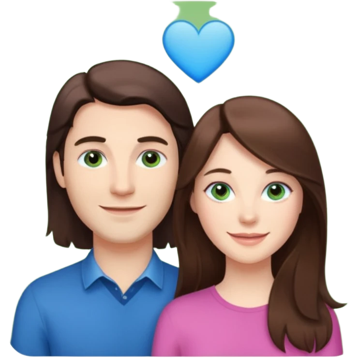 “A pink Polaroid-style photo of a couple: a white woman with long brunette hair and blue eyes, and a white man with short brunette hair and green eyes.” emoji