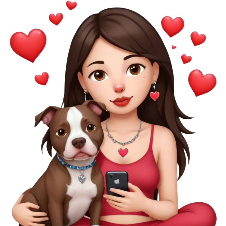 Young girl was long, dark brown hair sits with her dog who is a pretty girl pitbull with her cell phone in her hand in a small septum ring in her nose was hearts flying all around her emoji