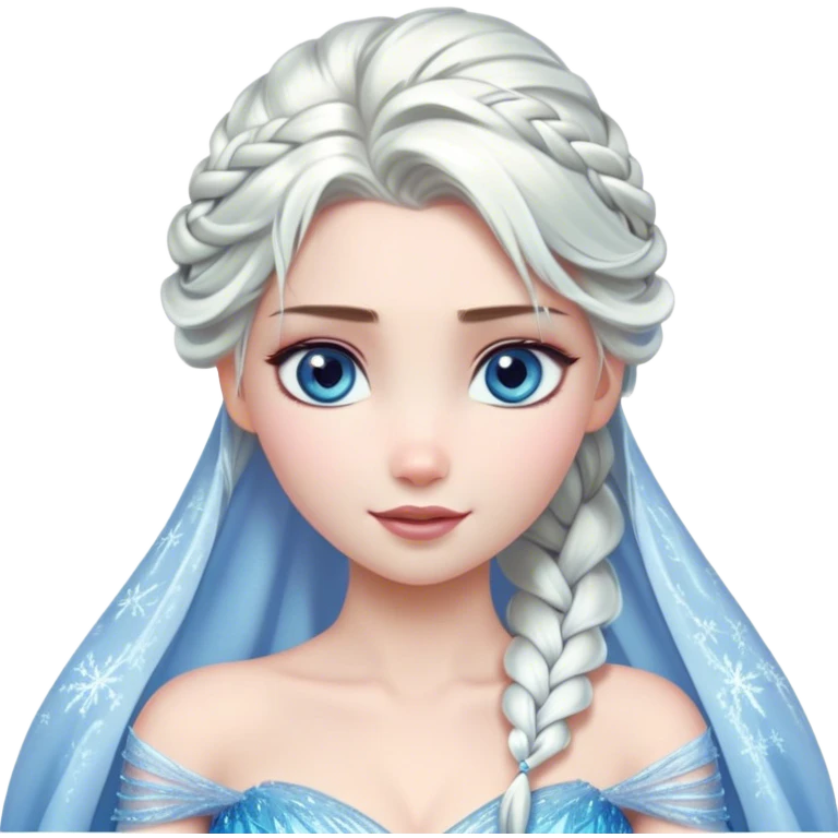 Cinematic Stunning Elsa Portrait Emoji, Ice-blue gown shimmering, platinum hair flowing in a graceful braid, piercing blue eyes glowing with icy magic, an aura of regal power and breathtaking beauty, frozen elegance at its finest! emoji
