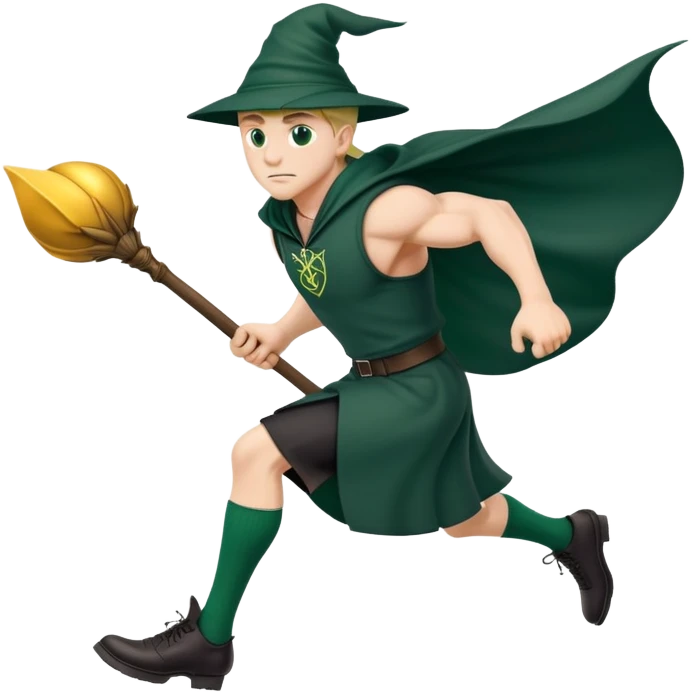 A muscular strong Slytherin student in final year without hat, sitting on a broomstick between his legs, chasing after a golden snitch emoji