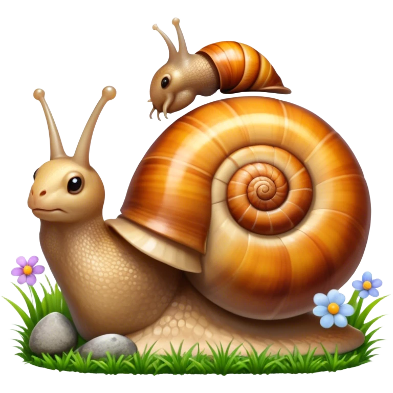 Close-up of large home snails inside a terrarium, showcasing their soft, spiral shells and glistening bodies, with a gentle light highlighting their details. With stones and grass and flowers. Transparent background. emoji