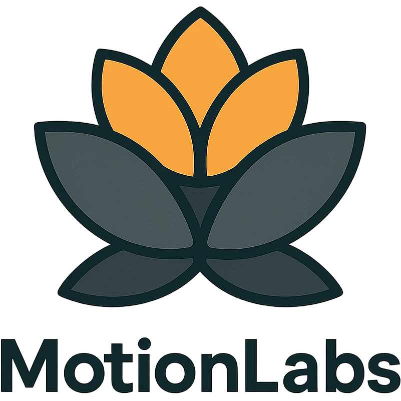 modern luxury logo for MotionLabs with abstract lotus, colors #ffa31a, #808080, #292929, dark background emoji