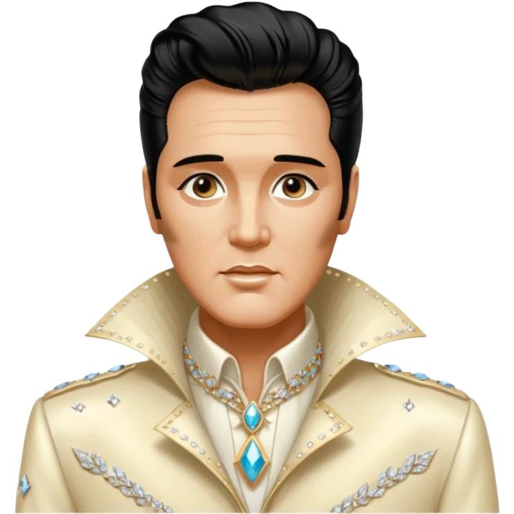 synthwave aesthetic brilliant divine lighting, oil paint  -  An aging Elvis Presley in a glamorous ivory costume with a collar encrusted with diamonds emoji