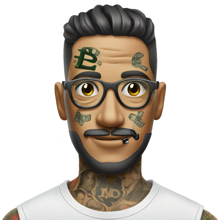 Man with a tattoo machine money sign tattoo on his face emoji