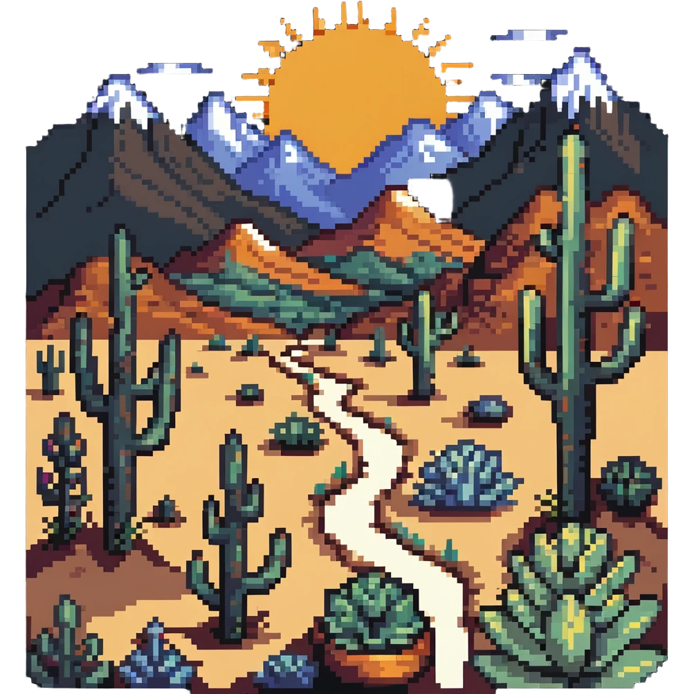 boho-inspired landscape painting with mountains, sun, and desert plants emoji
