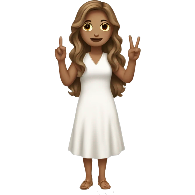 Brown long hair white girl holding up peace sign white dress emoji